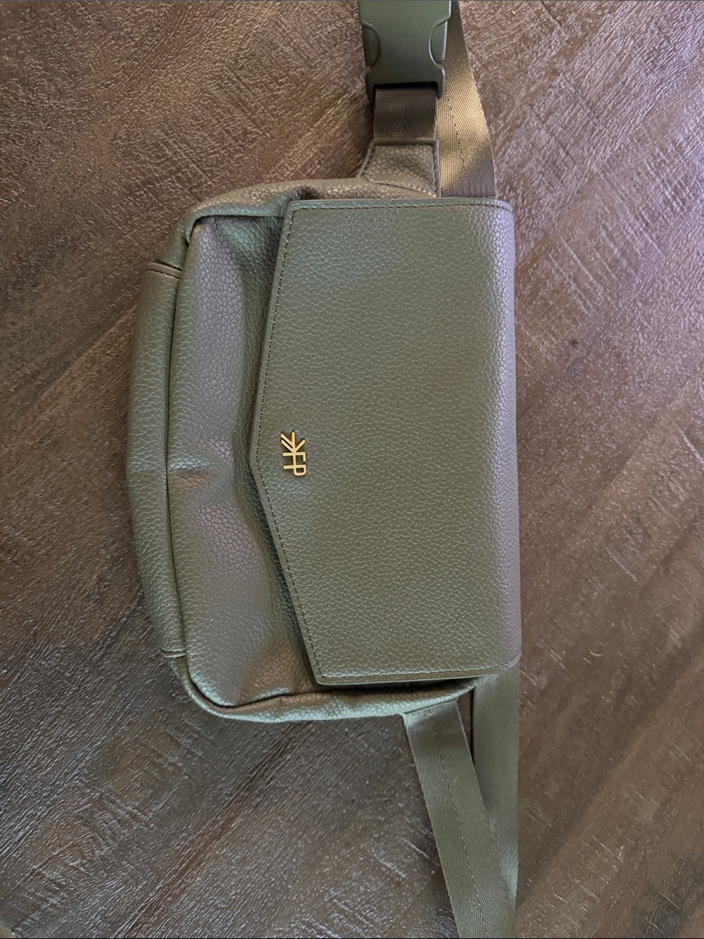 Kendall & Kylie Olive Green Pebbled Leather Crossbody Belt Bag with Gold Logo